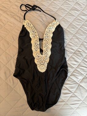 Shade & Shore Black One-Piece with Cream Crochet V-Trim